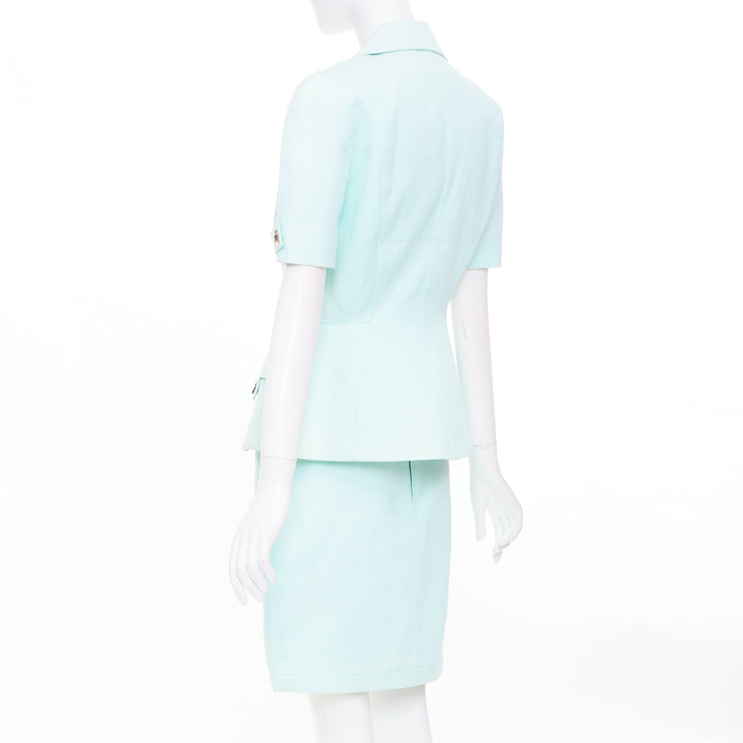 THIERRY MUGLER Vintage pale blue wool textured short sleeve peplum skirt suit