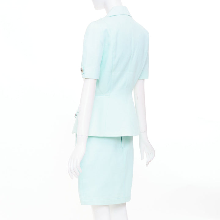 THIERRY MUGLER Vintage pale blue wool textured short sleeve peplum skirt suit