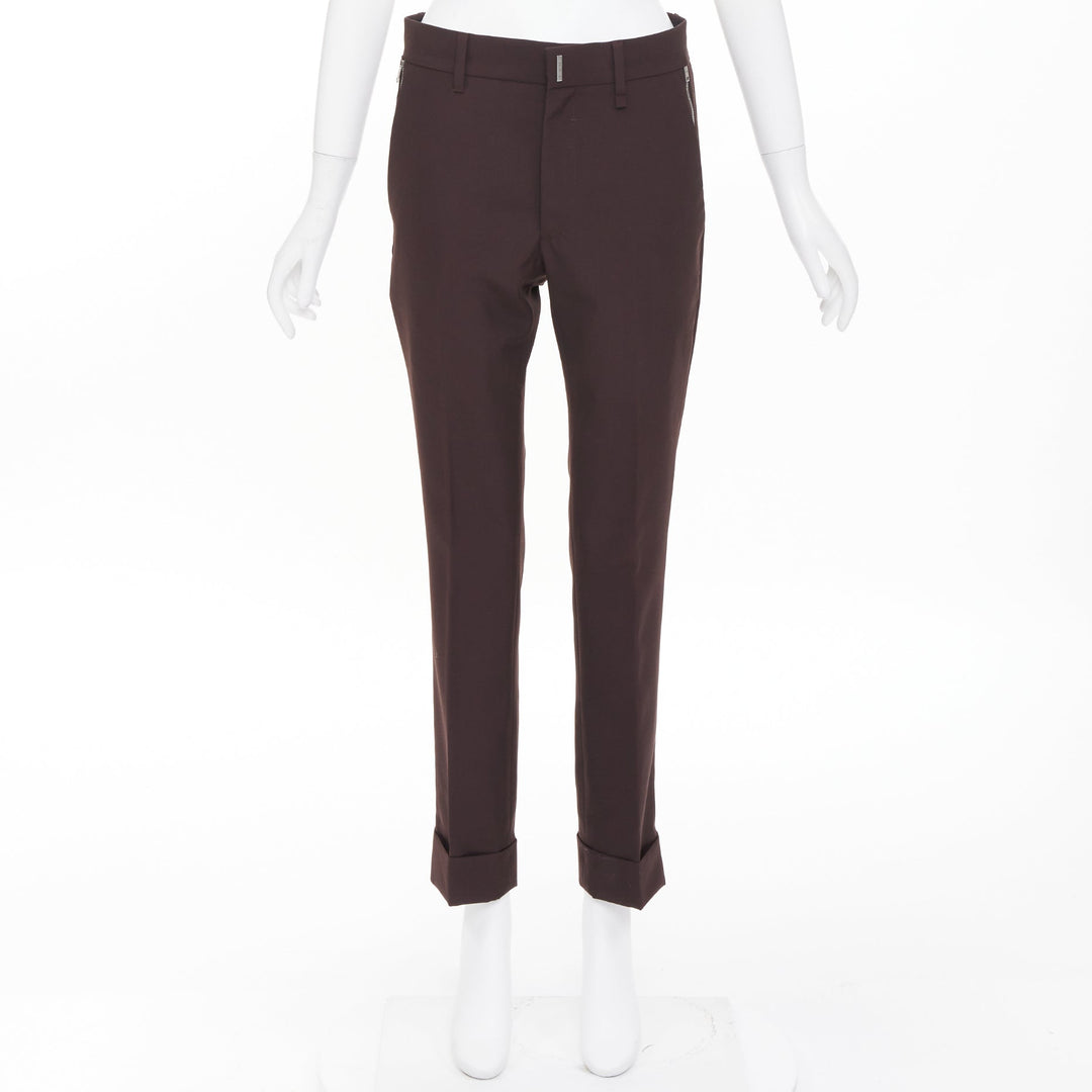 GIVENCHY brown wool blend silver zipper pockets cropped cuffed pants FR46 S