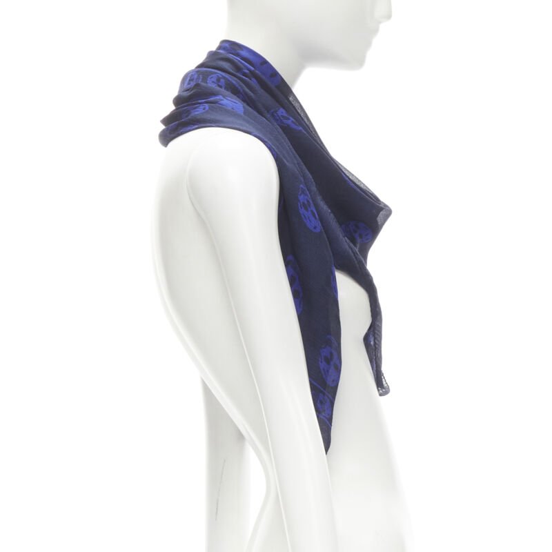 ALEXANDER MCQUEEN Signature navy cobalt blue skeleton skull print scarf