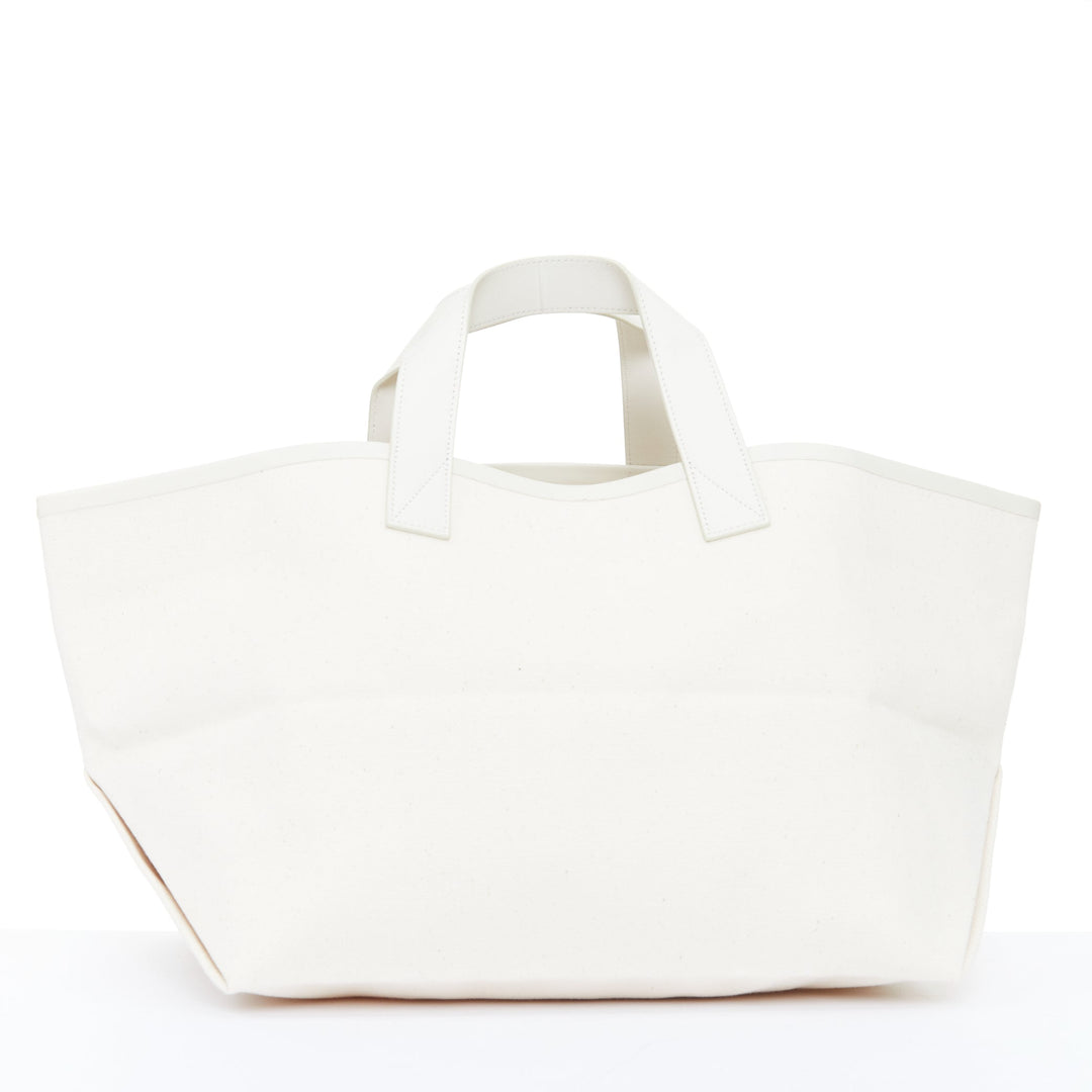 CELINE 2018 Made In white canvas cream leather trim small red logo open tote bag