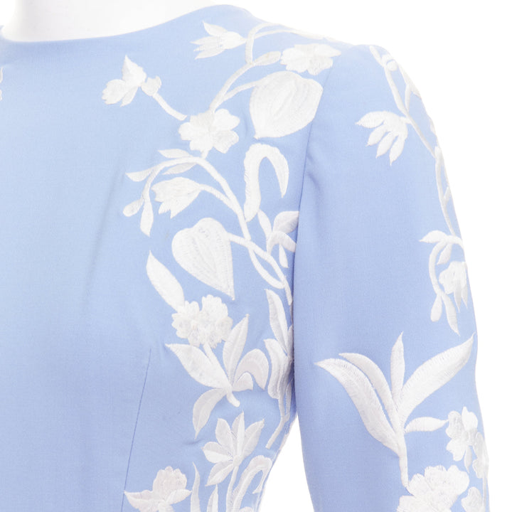 OSCAR DE LA RENTA 2019 blue white virgin wool floral embroidered dress US4 M