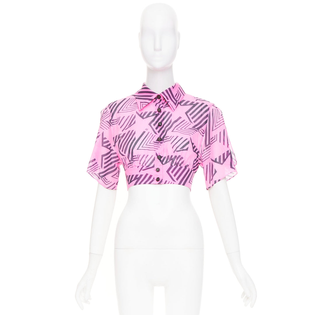 CHANEL 2023 Coco Beach pink cc geometric star graphic button crop shirt FR34