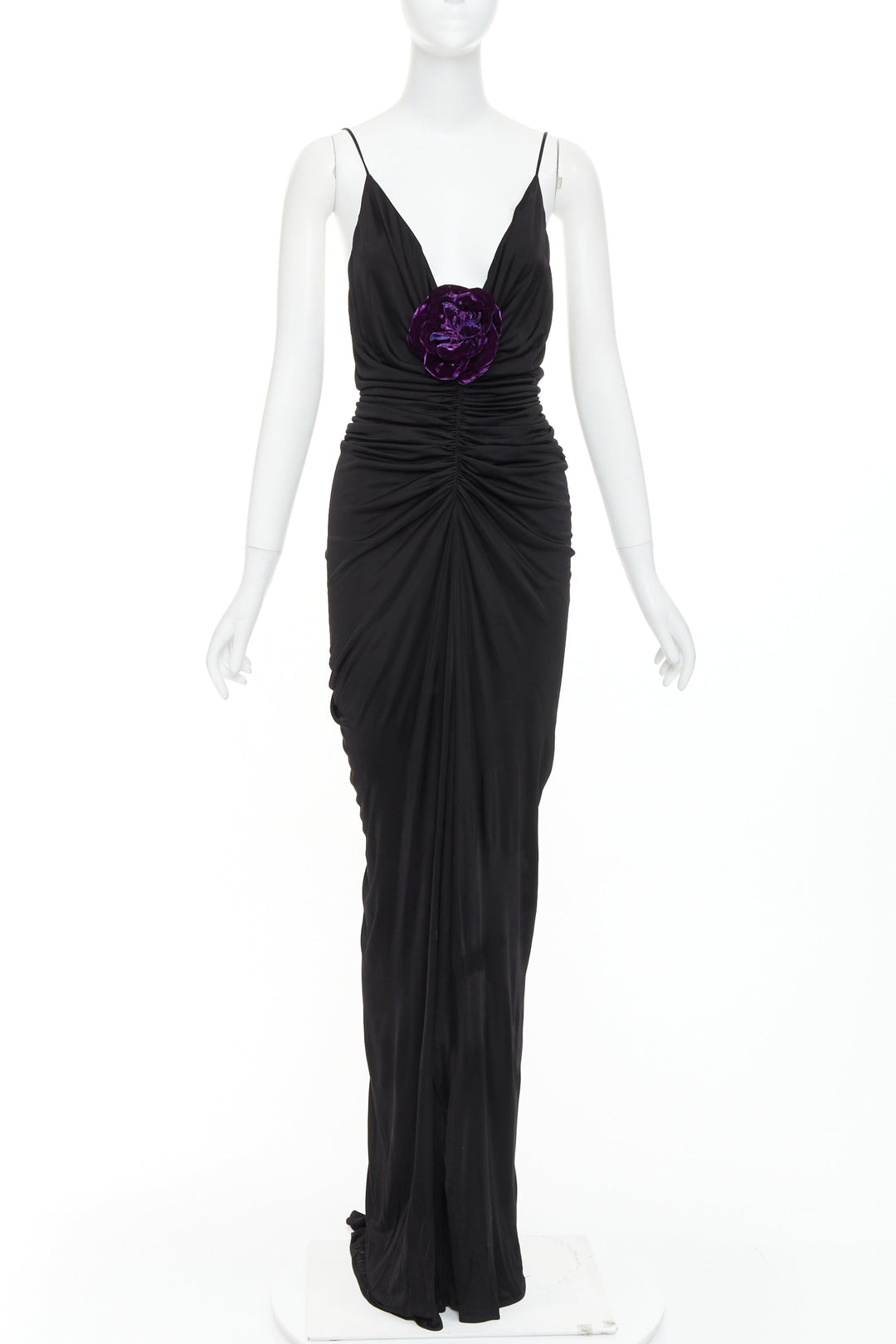 rare SAINT LAURENT 2022 Runway purple Wild Rose applique ruched plunge gown S