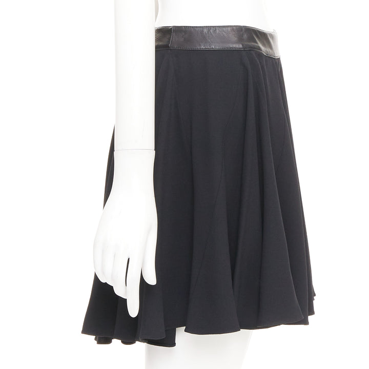 SAINT LAURENT 2012 black leather trim waist acetate mini flutter skirt FR36 S