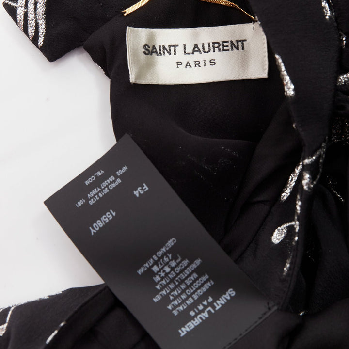 SAINT LAURENT 2019 Musical Note silver embroidered puff sleeve mini dress FR34