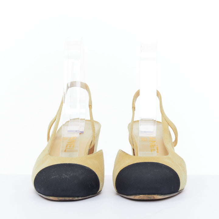 CHANEL Runway beige suede black grosgrain cap toe slip on slingback pumps EU38
