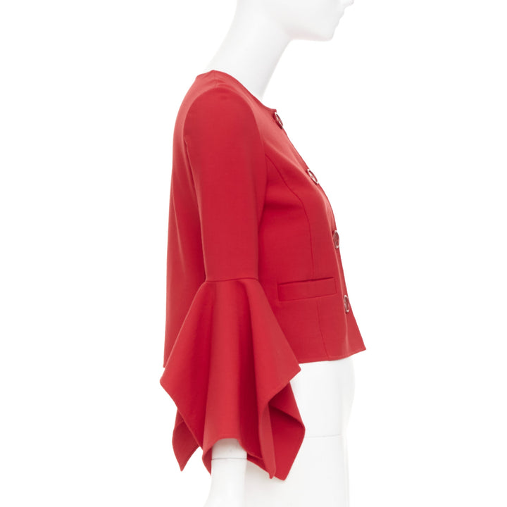 OSCAR DE LA RENTA 2018 flared ruffle sleeve cropped red wool jacket US0 XS