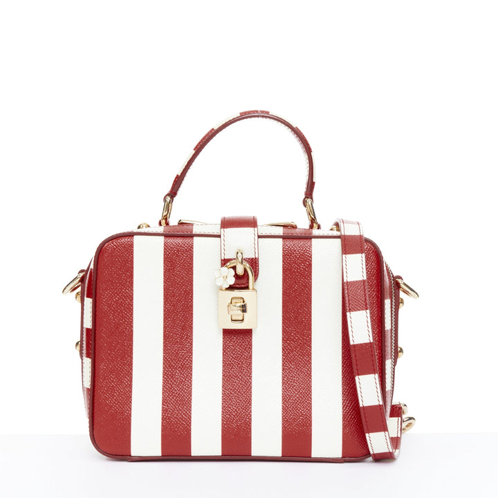 DOLCE GABBANA 2016 Box Rosaria red white striped leather padlock bag