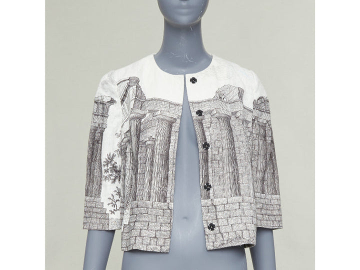 DOLCE GABBANA 2014 cream linen grey Greek Temple printed flax crop jacket IT40 S