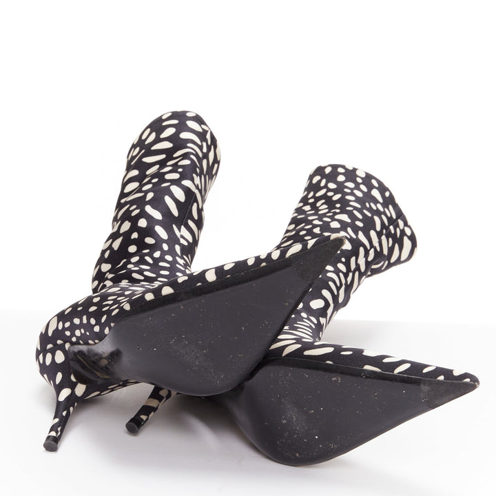 BALENCIAGA Knife black white spotted animal print lycra pointed sock boots EU38