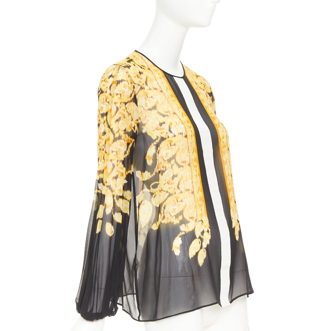GIAMBATTISTA VALLI silk gold black grosgrain print sheer chiffon blouse IT38 XXS