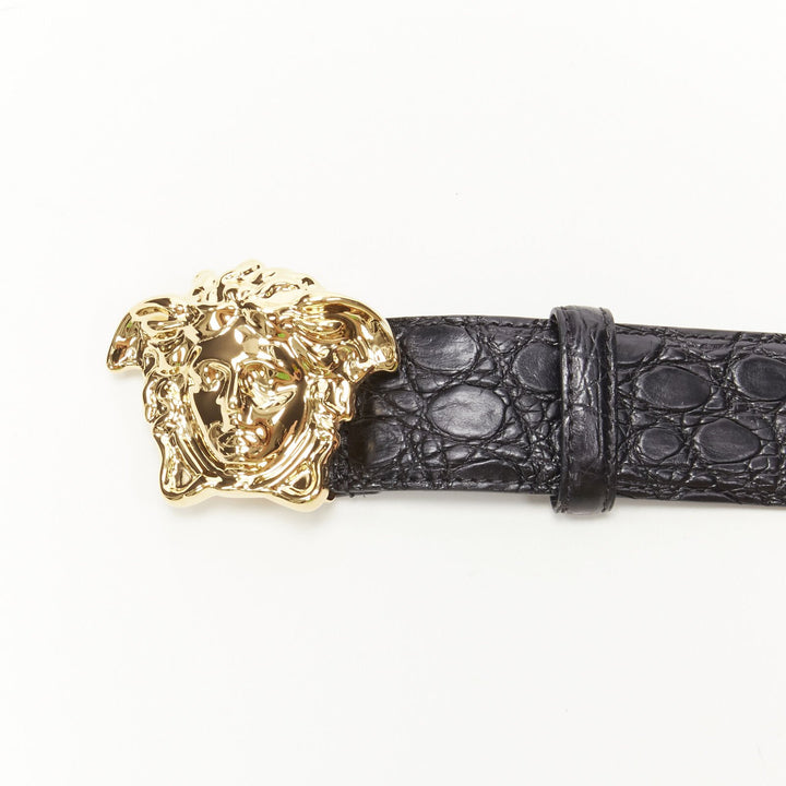 VERSACE $1200 La Medusa gold buckle black scaled leather belt 95cm 36-40"