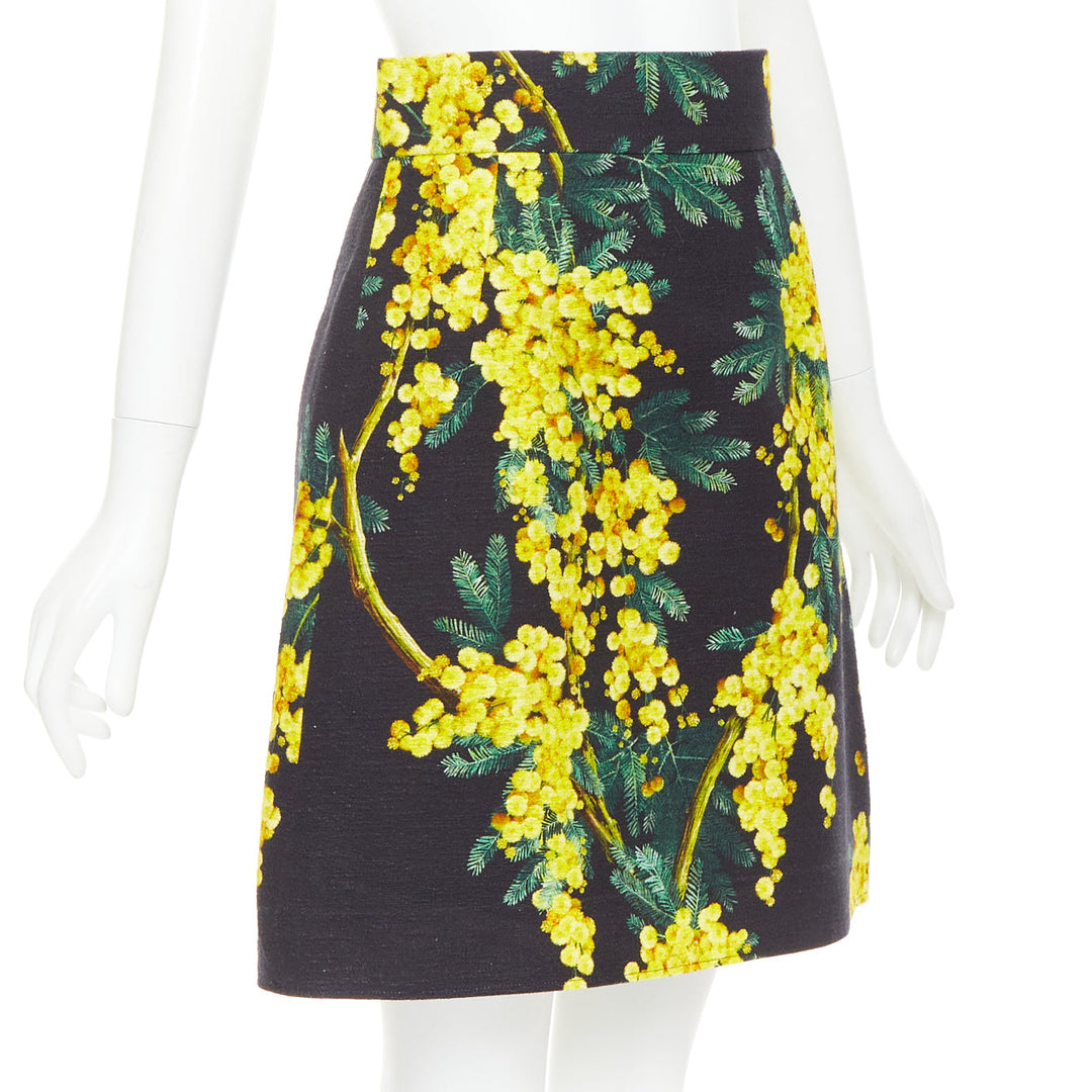 DOLCE GABBANA yellow black cotton floral print textured A-line skirt IT40 S
