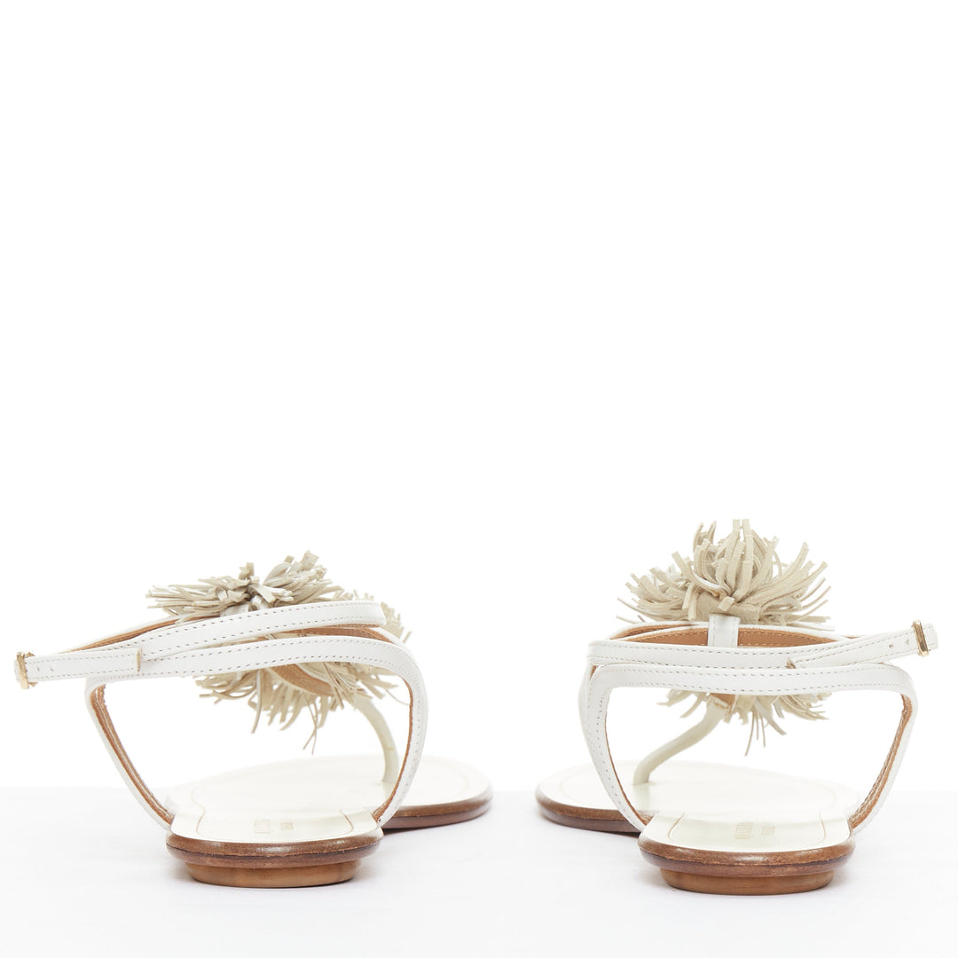 AQUAZZURA off white fringe trim T bar strap flat sandals EU37