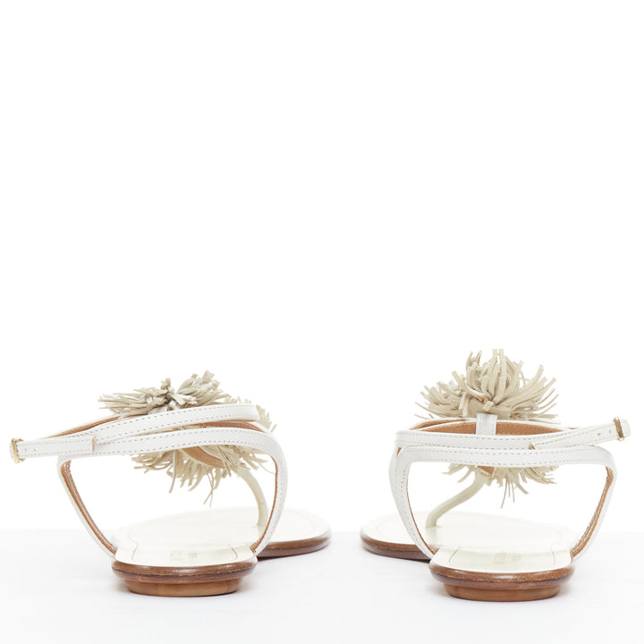 AQUAZZURA off white fringe trim T bar strap flat sandals EU37
