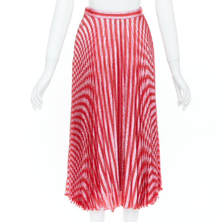 GUCCI 2015 Runway red pink chevron stripe lurex silk pleated midi skirt IT36 XXS
