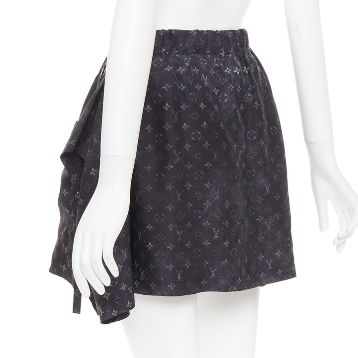 LOUIS VUITTON Monogram Cloud Pocket grey 100% silk flare mini skirt FR34 XS