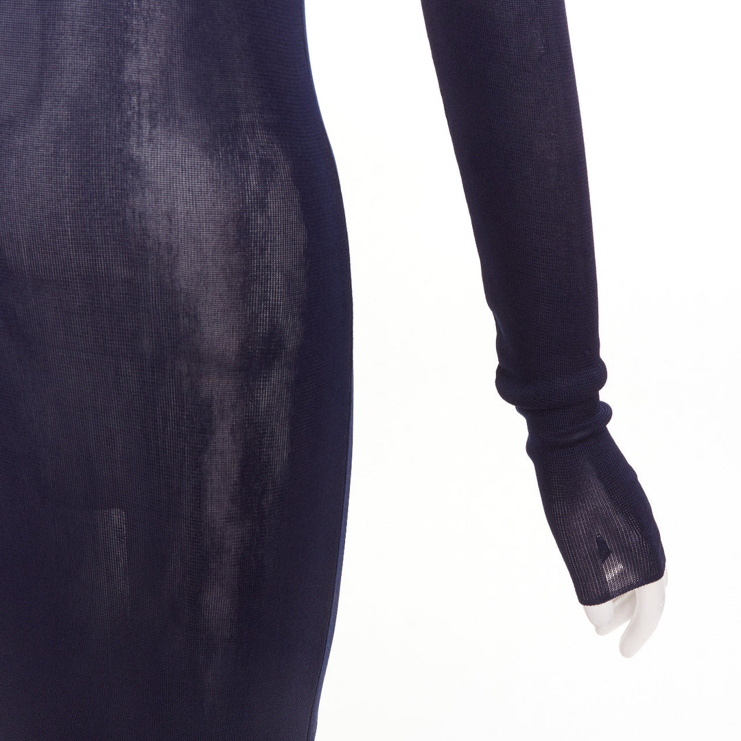SAINT LAURENT 2023 Runway navy blue fine viscose mesh turtleneck sheer dress S