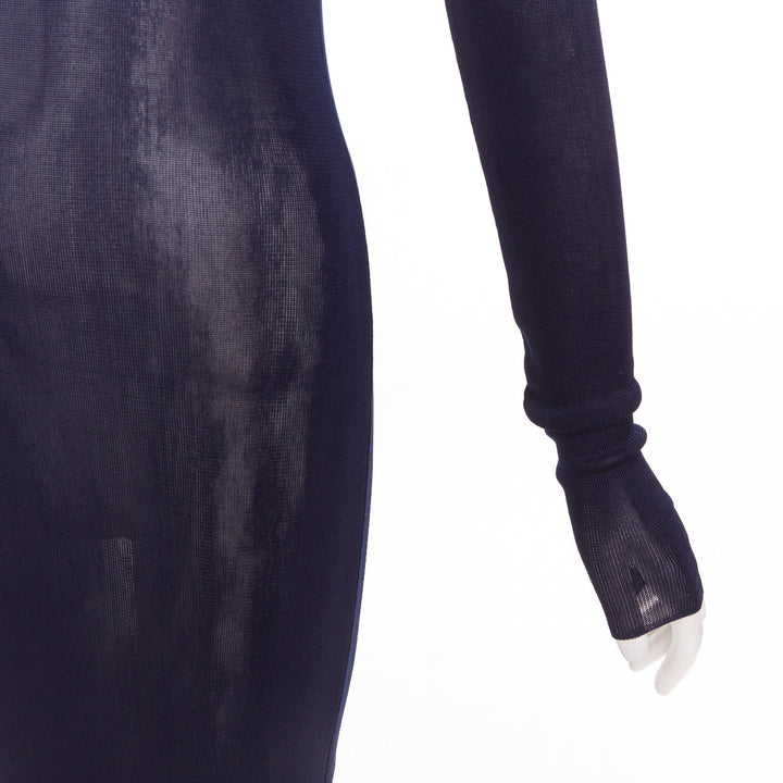 SAINT LAURENT 2023 Runway navy blue fine viscose mesh turtleneck sheer dress S