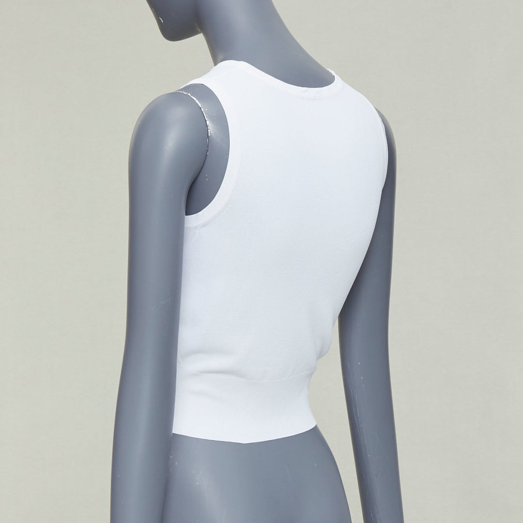 ALAIA white viscose blend sleeveless round neck ribbed hem crop vest FR36 S