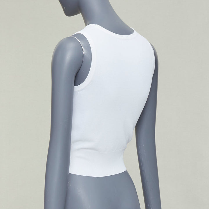 ALAIA white viscose blend sleeveless round neck ribbed hem crop vest FR36 S