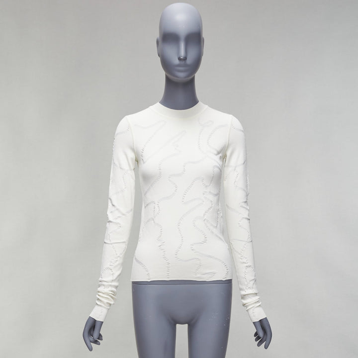 HELMUT LANG cream wiggly line motive jacquard long sleeve sweater S
