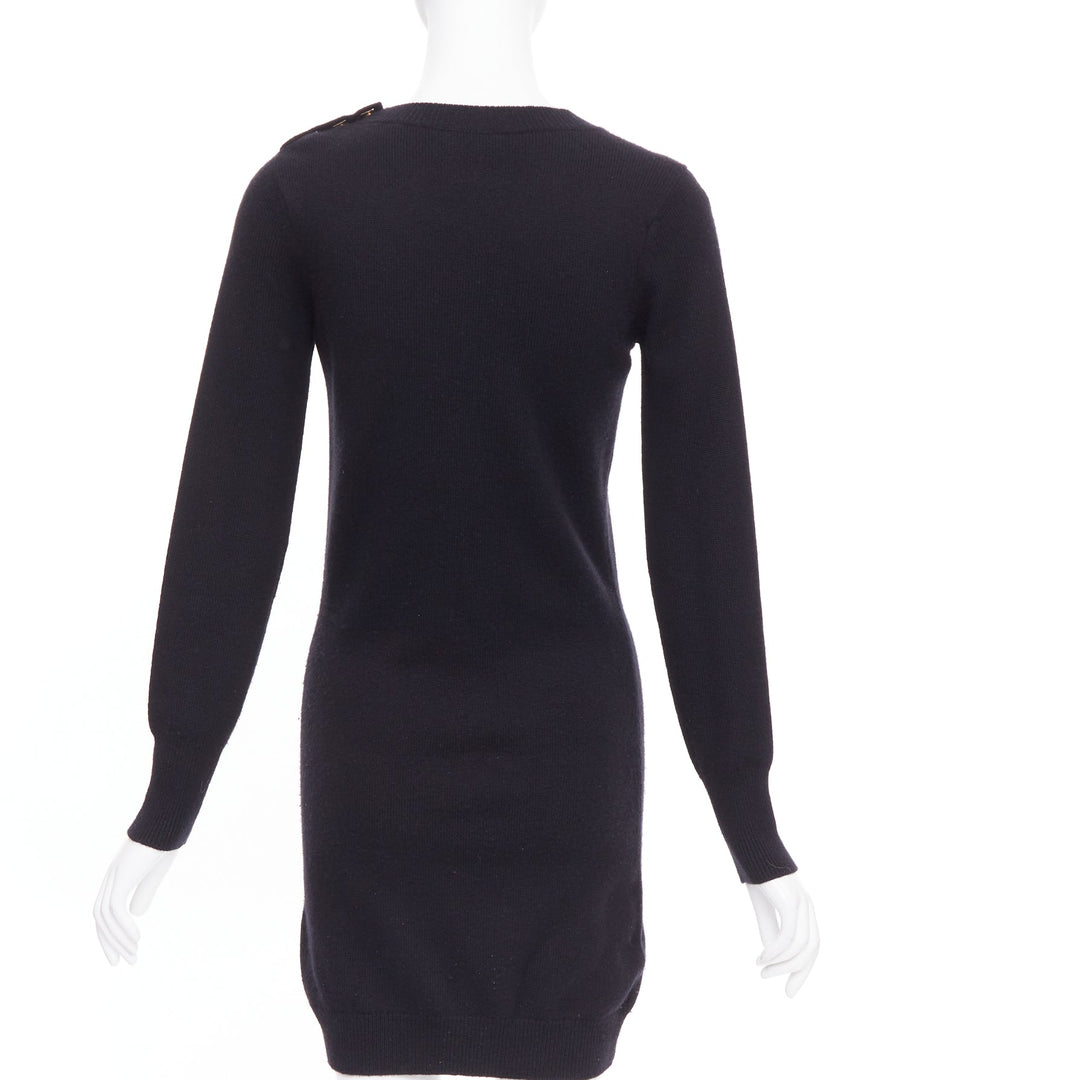 CHANEL 100% cashmere black gold CC logo turnlock shoulder sweater dress FR34 XS