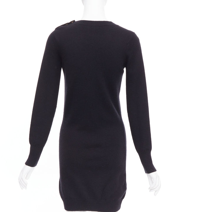 CHANEL 100% cashmere black gold CC logo turnlock shoulder sweater dress FR34 XS