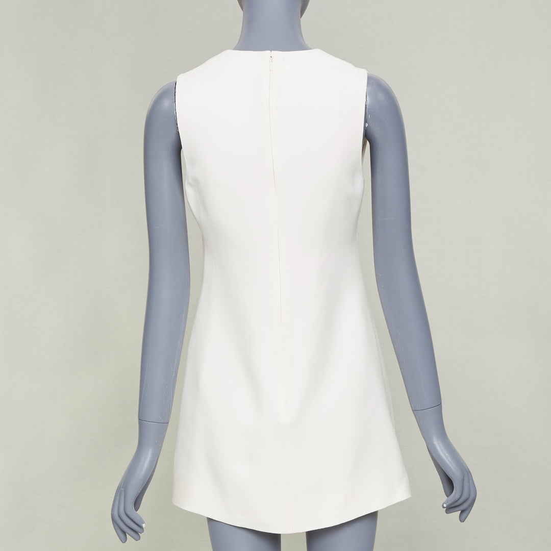 VALENTINO 2023 ivory wool silk crepe VGOLD logo metal plate neck dress IT38 XS