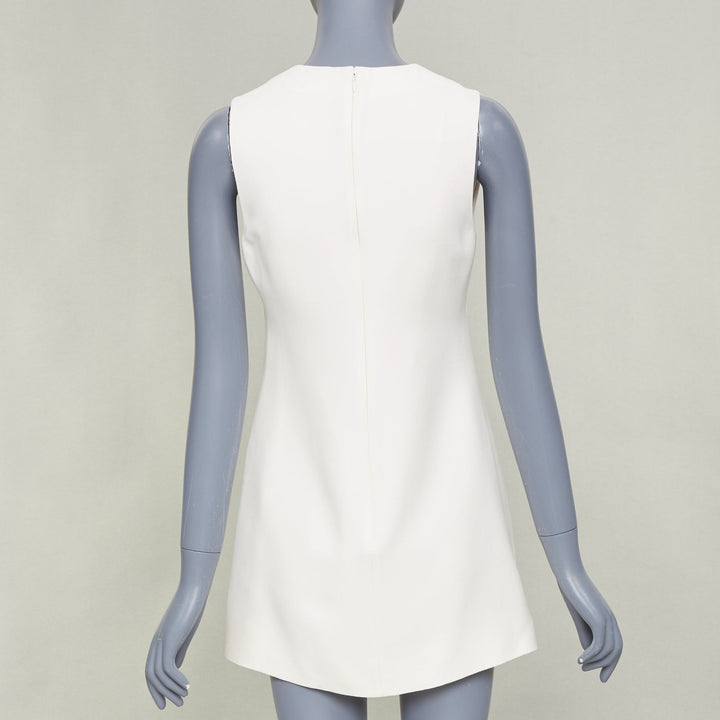 VALENTINO 2023 ivory wool silk crepe VGOLD logo metal plate neck dress IT38 XS
