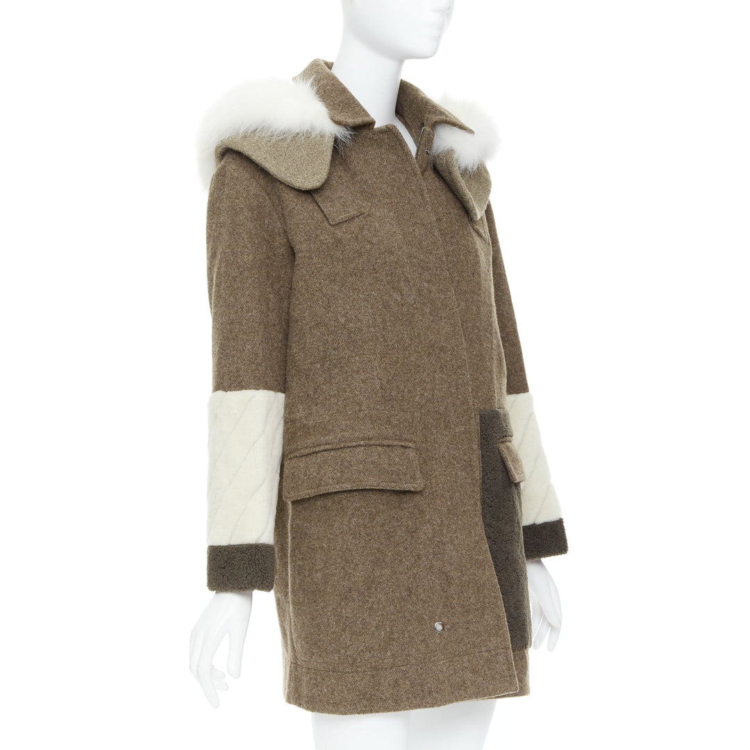 FENDI colorblocked brown wool patchwork fur hooded parka coat IT38 XS