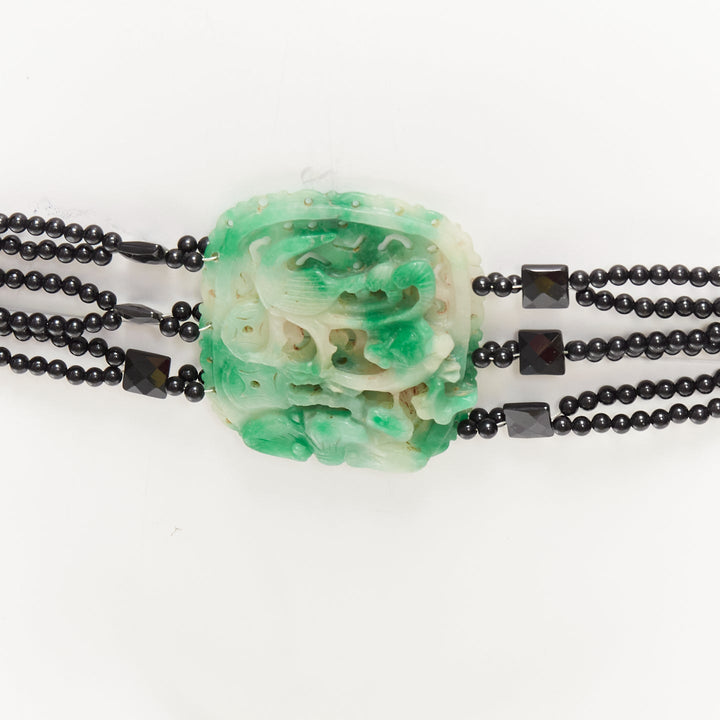 JENNIFER POLLOCK green oriental chinese stamp jade black beads chain belt