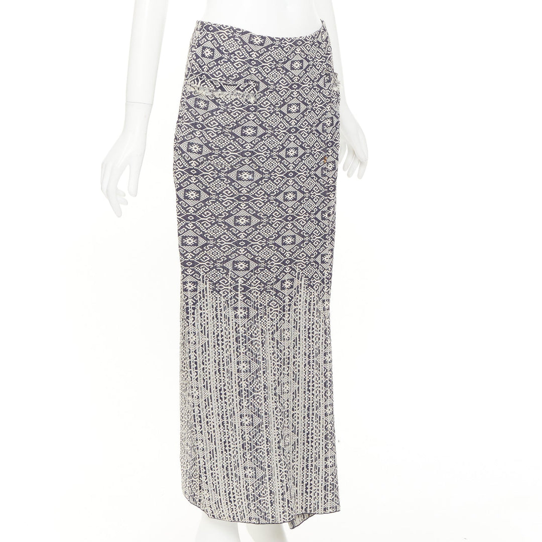 CHANEL 2014 blue cream CC geometric diamond jacquard frayed wrap skirt FR40 L