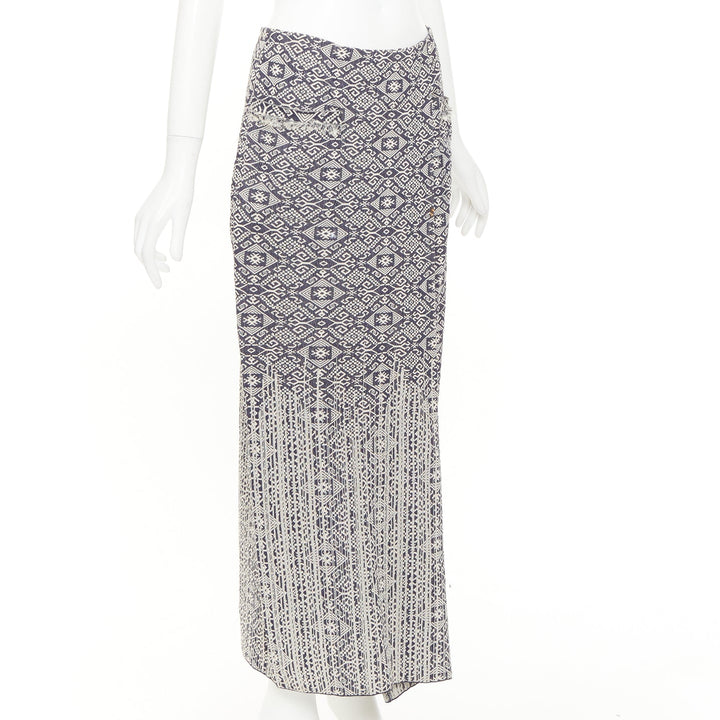 CHANEL 2014 blue cream CC geometric diamond jacquard frayed wrap skirt FR40 L