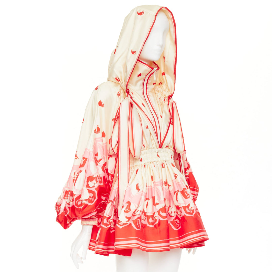 ZIMMERMANN 2023 High Tide printed silk twill cape hooded mini dress Sz.0 XS