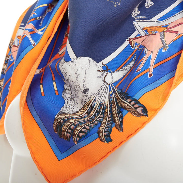 HERMES Pani La Shar Pawnee 90 Silk Twill orange royal blue square scarf