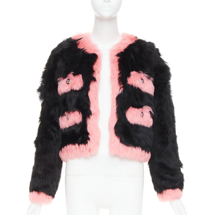 rare CHANEL 21K black pink shearling fur CC crystal button 4 pocket jacket FR36