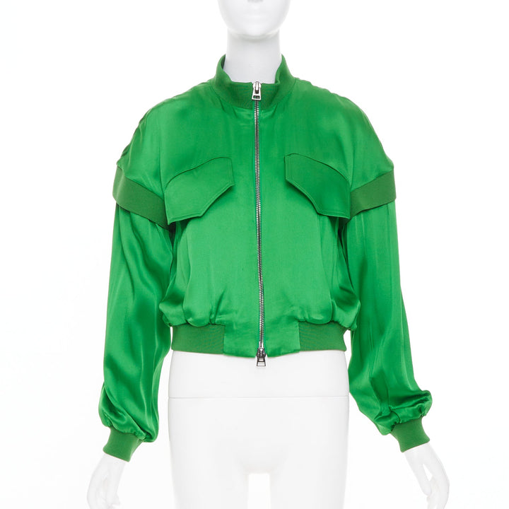 TOM FORD kelly green satin panel long sleeve zip up cropped bomber jacket FR36 S