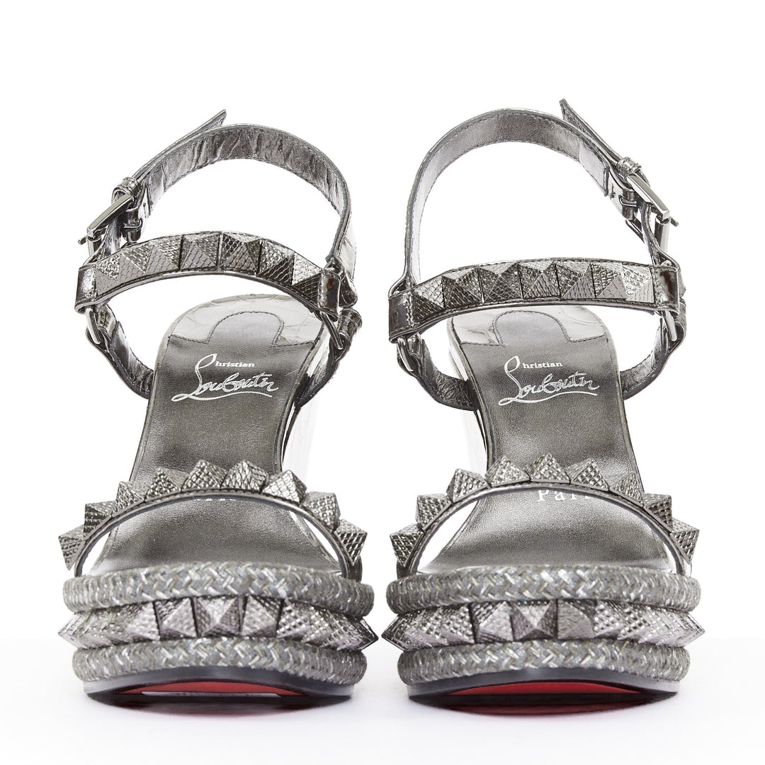 CHRISTIAN LOUBOUTIN Pyraclou 110 Anthracite silver studded espadrille wedge EU37