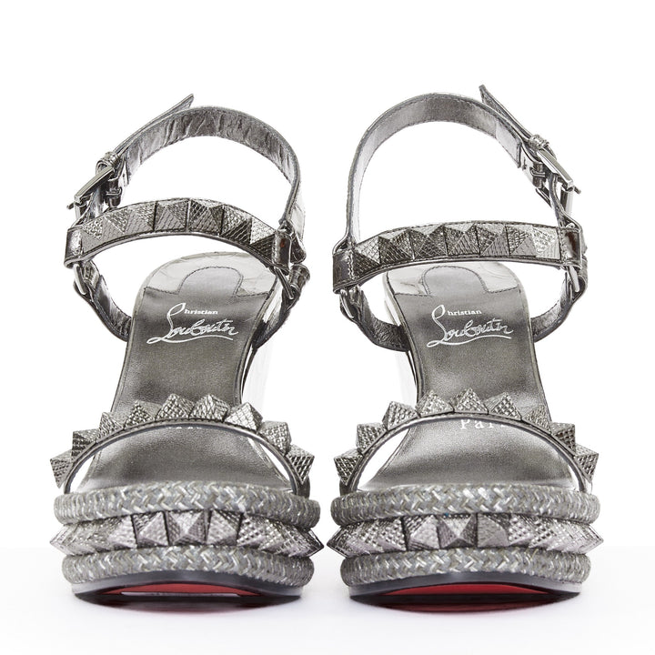 CHRISTIAN LOUBOUTIN Pyraclou 110 Anthracite silver studded espadrille wedge EU37