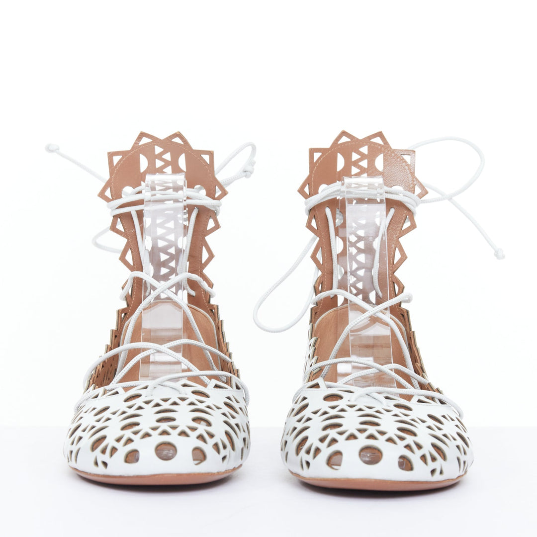 ALAIA Vienne white leather laser cut perforated lace up ballerina flats EU37