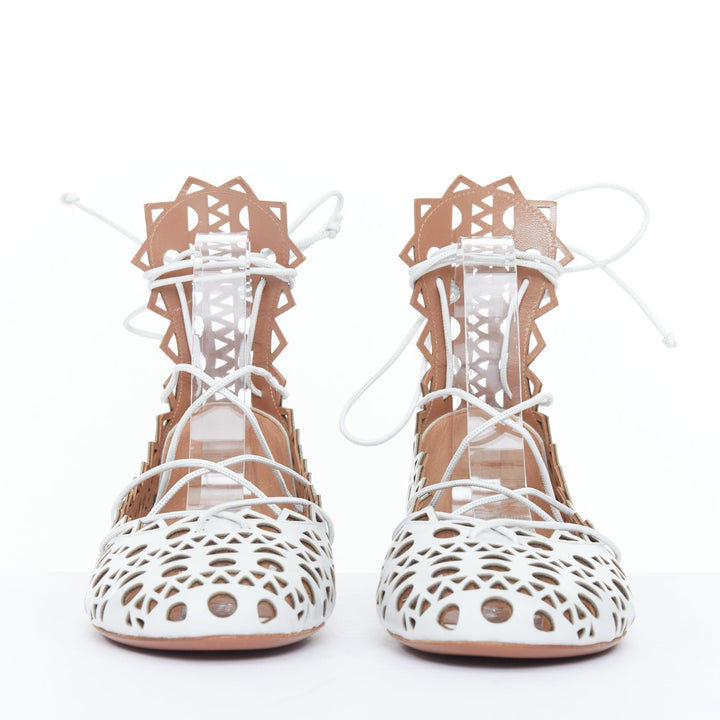ALAIA Vienne white leather laser cut perforated lace up ballerina flats EU37