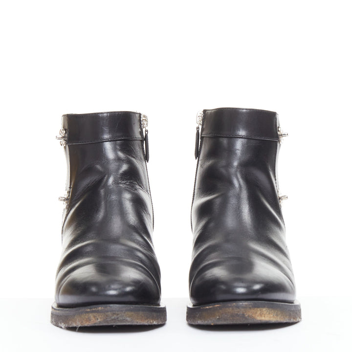CHANEL Turnlock CC black leather silver logo crepe rubber sole ankle boots EU37