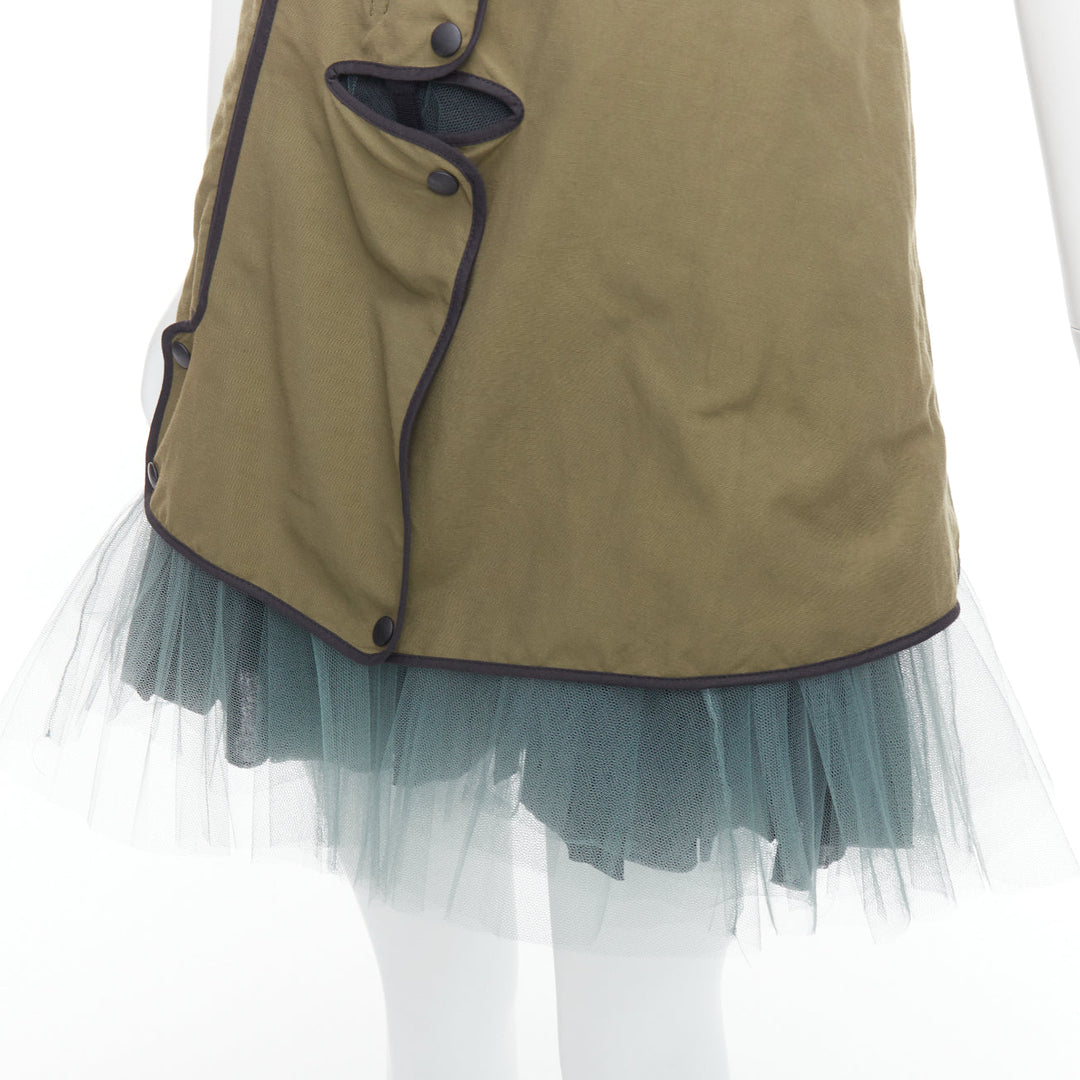 MARNI 2011 khaki utility cutout vest green tulle hem mini dress IT36 XXS