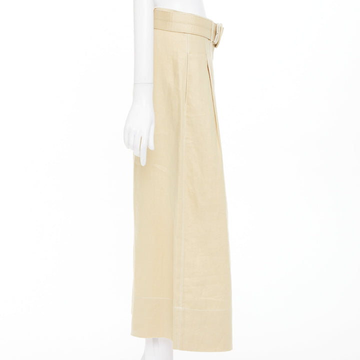 NICHOLAS beige linen belted pleated front wide leg cropped utility pants FR36 S