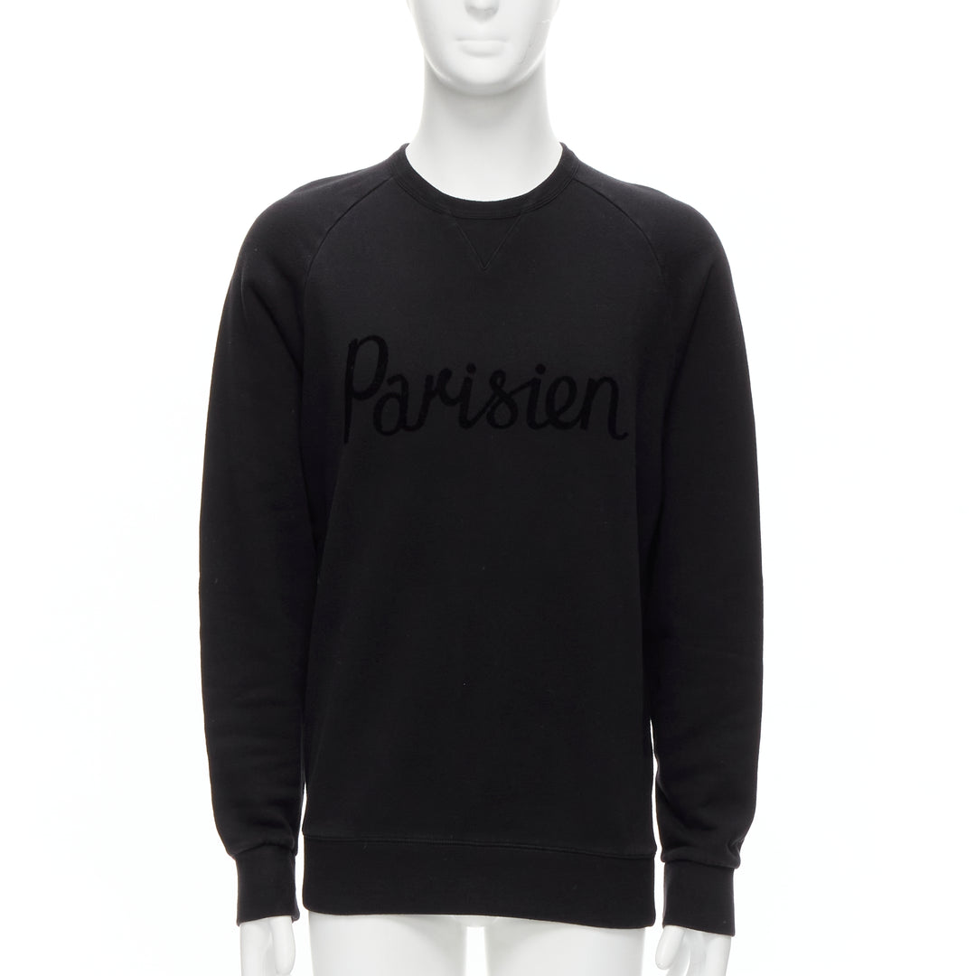 MAISON KITSUNE black velvet Parisien applique cotton crew sweatshirt M