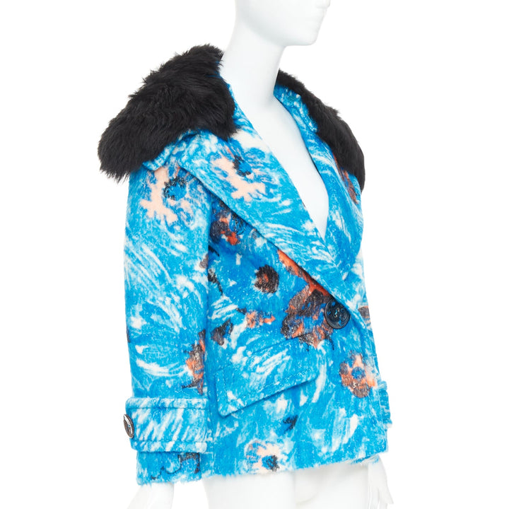 PRADA 2017 Runway blue alpaca wool abstract floral fur collar pea coat IT36 XS