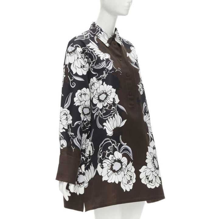 VALENTINO 2021 Runway brown oversized floral cotton silk faille shirt dress IT36