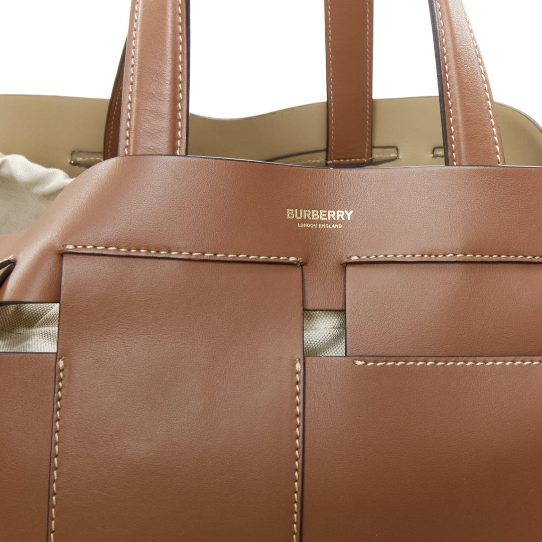 BURBERRY Foster brown leather gold logo open weave large tote bag